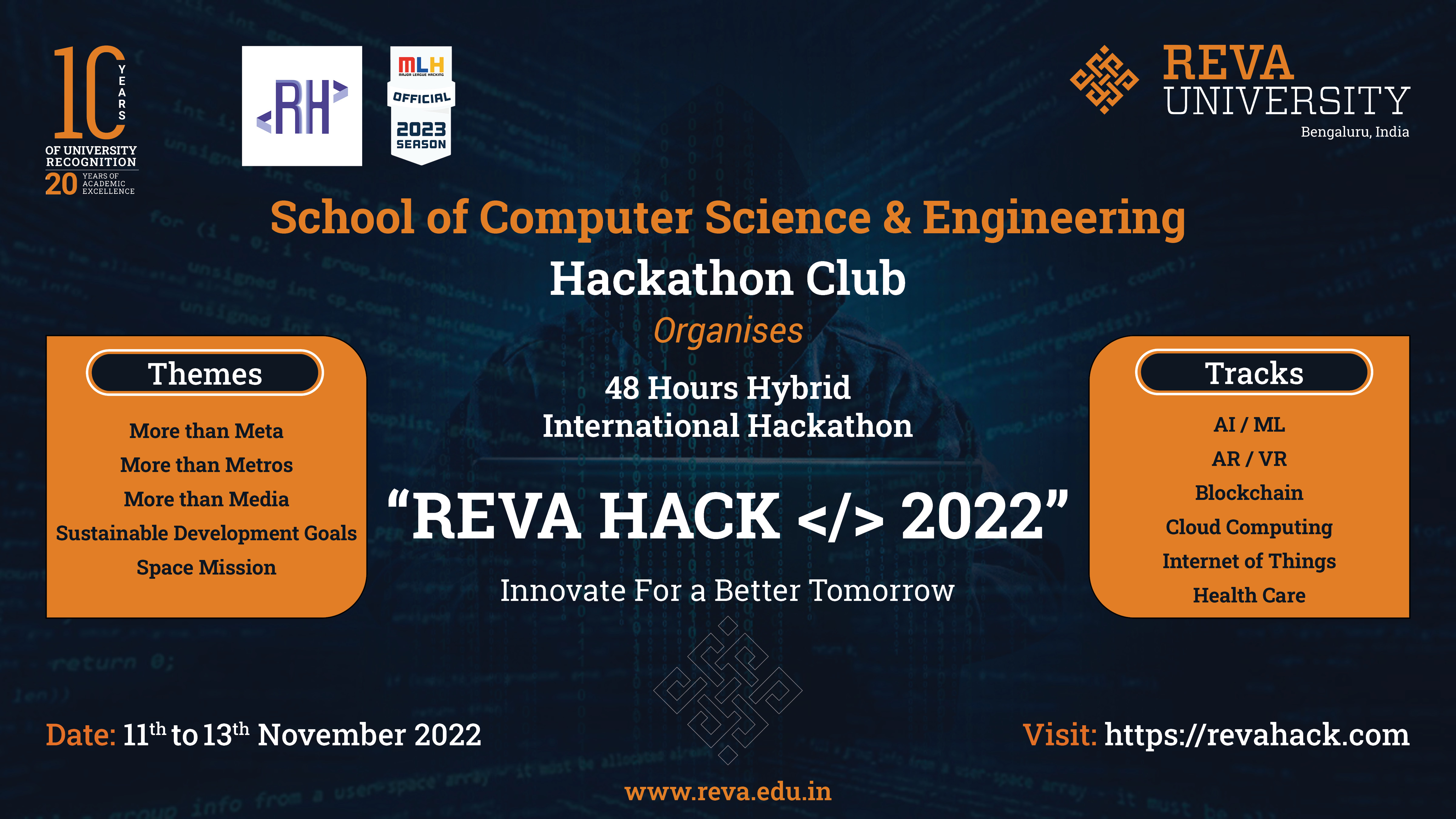 REVA HACK < / > 2022: Innovate For a Better Tomorrow 48 Hours Hybrid International Hackathon Sponsored by Major League Hacking (MLH)