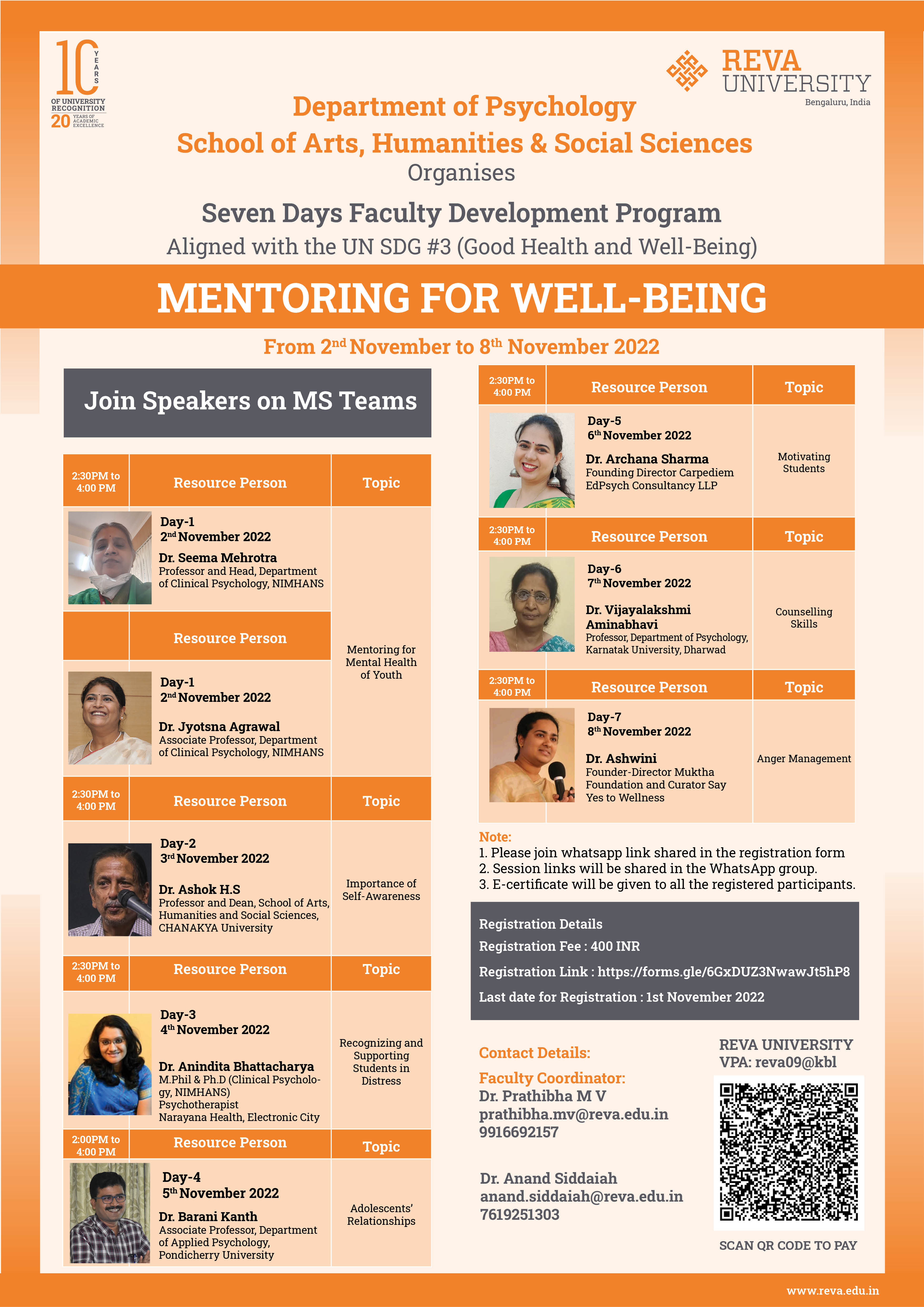 Mentoring for Well-Being (FDP)-Department of Psychology, School of Arts, Humanities and Social Science.