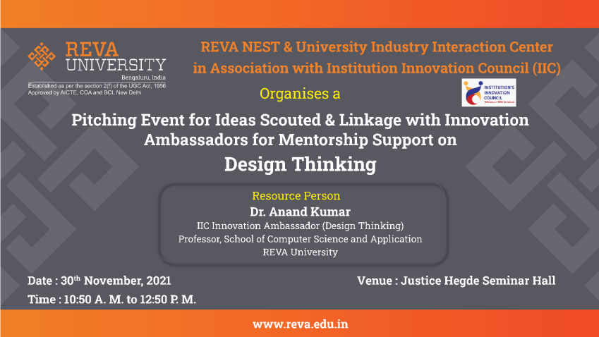 Pitching Event for Ideas Scouted & linkage with Innovation  Ambassadors for mentorship support on Design Thinking