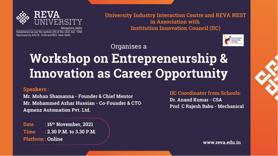 Workshop on Entrepreneurship & Innovation as career opportunity