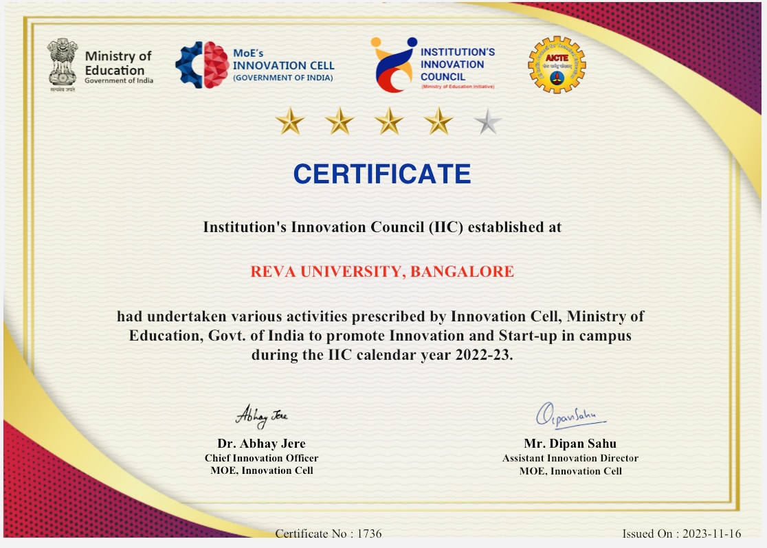 REVA-University IIC, has achieved Top Ranked with 4 star