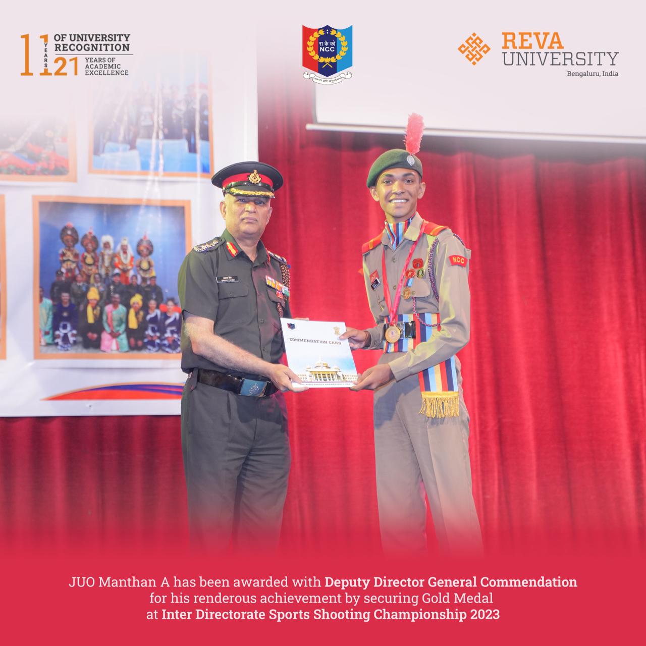 REVA NCC Cadets bestowed with DDG Commendation Card