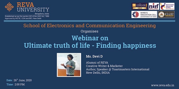 Webinar by Alumni Ms. Devi D on Ultimate Truth of Life  Finding Happiness